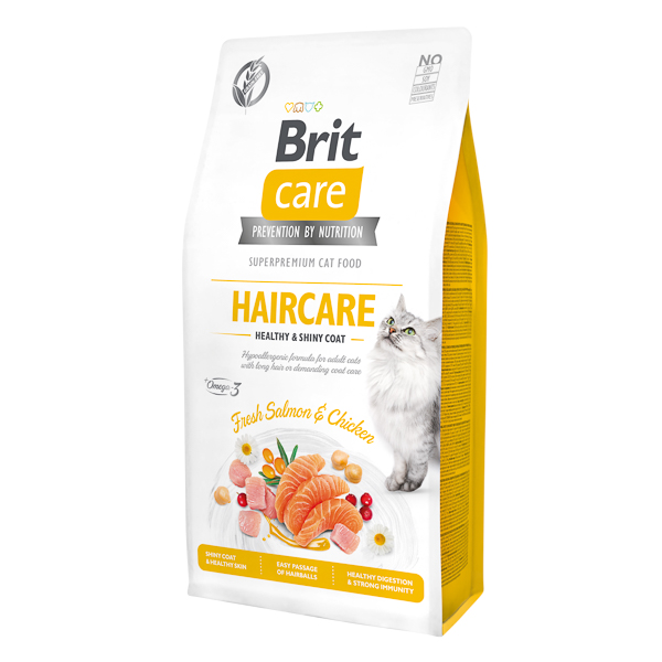 Hrană uscată fără cereale pentru pisici Brit Care Haircare Healthy & Shiny Coat, Somon și Pui, 7kg Brit
